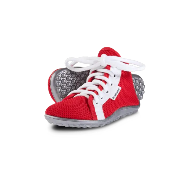 Leguanito Active Plus barefoot shoes in red and white for kids.