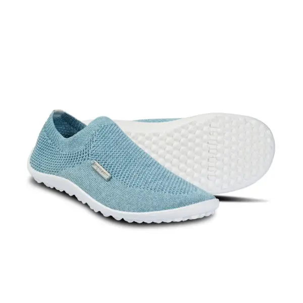 Scio barefoot shoes in light blue with white soles.