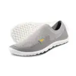 Score barefoot shoes in in grey with white soles.