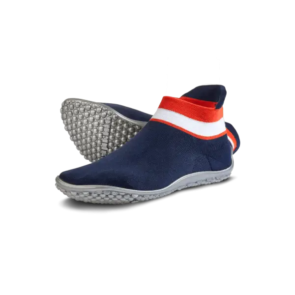 Sneaker barefoot shoes in in blue, white, and red.