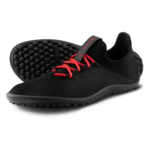 Inspiro barefoot shoes in black with lava red laces.