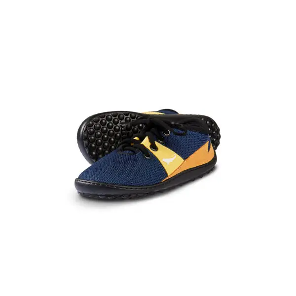 Leguanito Speedy barefoot shoes in blue and gold for kids.